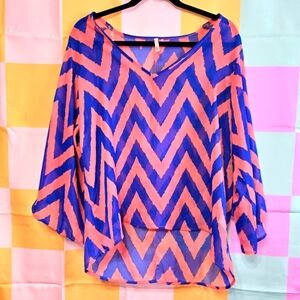 Voll Blue Pink Cheveron Sheer Hi Low Wide Sleeve Top Large
